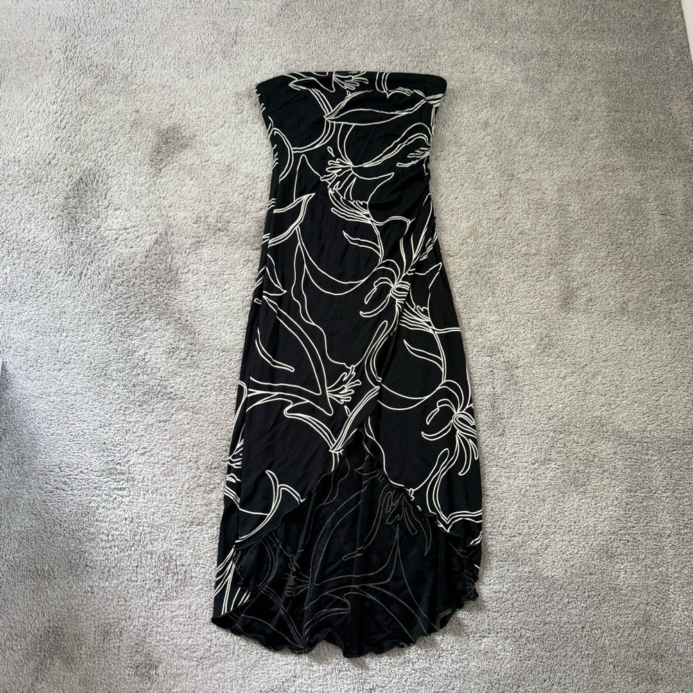 VINTAGE 90S Y2K 00S BEBE BLACK WHITE FLORAL CROSSOVER HEM  MIDI DRESS